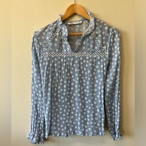 Zara Long Sleeve Ruffle Cuff Neck Embroidered Boho Peasant Daisy Print top